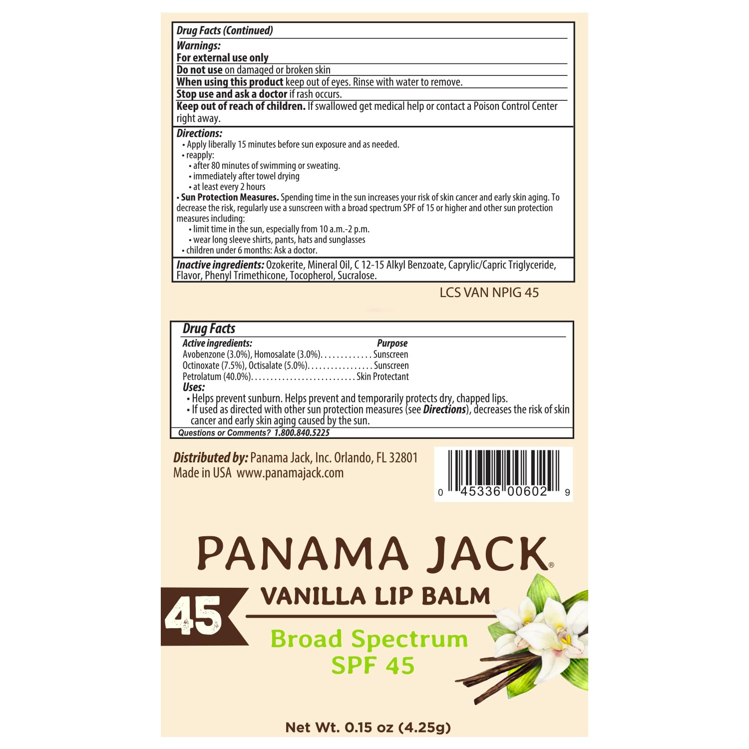 Panama Jack Sunscreen Lip Balm SPF 45 – Broad Spectrum Lip Protection, Vanilla, 12-Pack