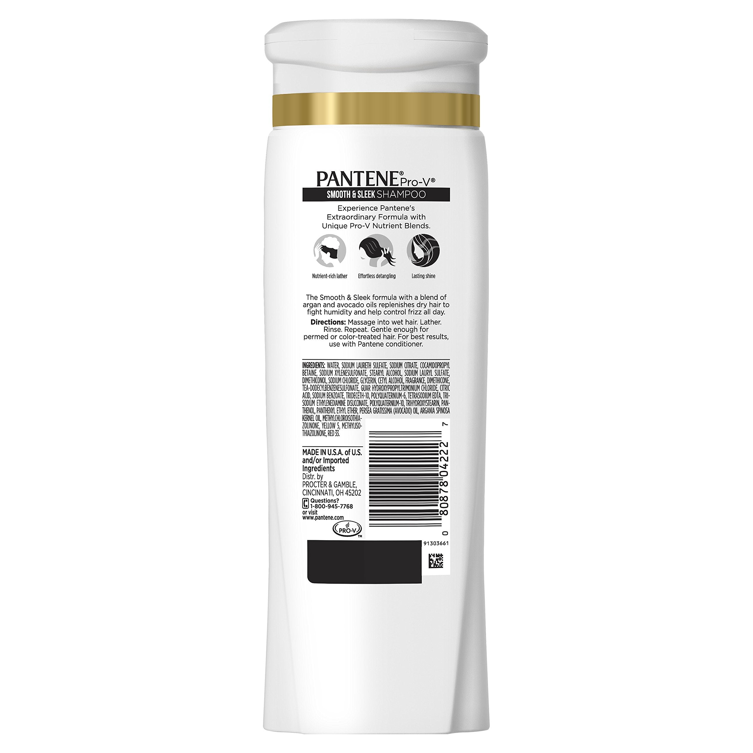 Pantene Smooth & Sleek Shampoo 12.6 oz – 3-Pack with Pro-Vitamins & Moroccan Argan Oil
