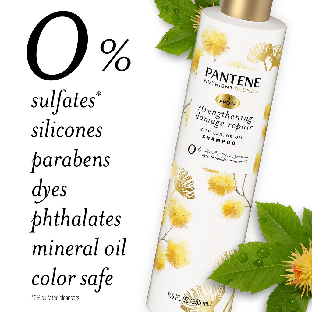Pantene Sulfate Free Shampoo with Castor Oil – Hair Strengthening Damage Repair, Color Safe, 9.6 oz