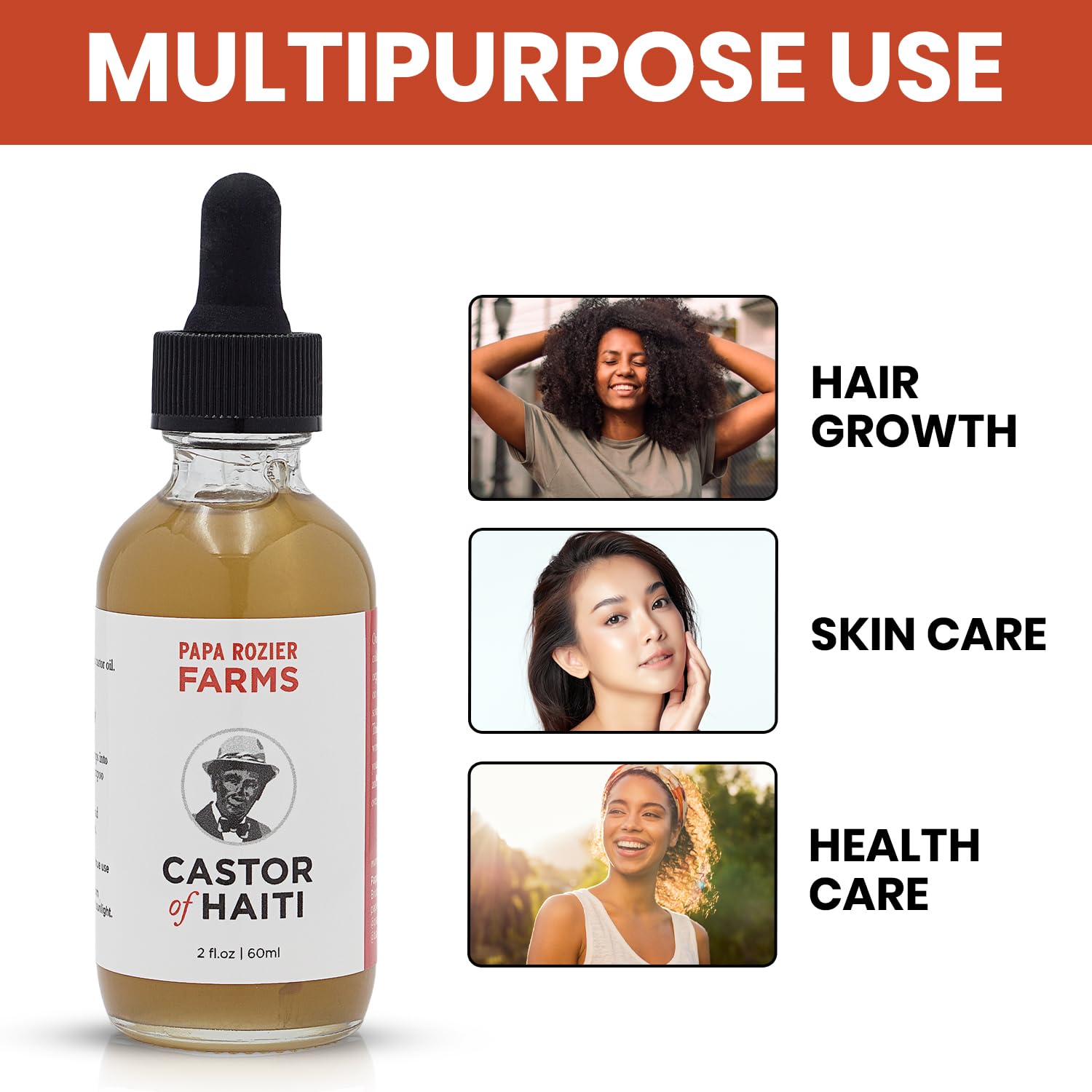 Papa Rozier Farms Pure Organic Castor Oil for Hair Growth, Skin Moisturizer, Lash & Brow Treatment – 2 oz (Pack of 1)