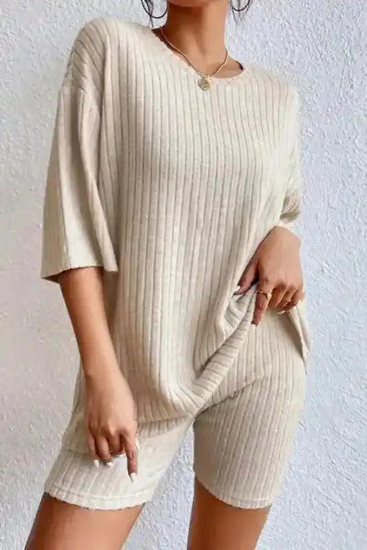 Plus Size Ribbed V-Neck Pullover and Wide Leg Pants Set