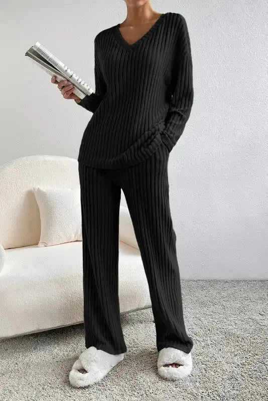 Plus Size Ribbed V-Neck Pullover and Wide Leg Pants Set