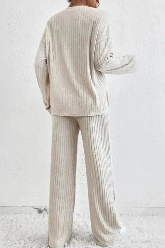 Plus Size Ribbed V-Neck Pullover and Wide Leg Pants Set