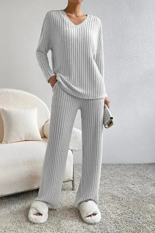 Plus Size Ribbed V-Neck Pullover and Wide Leg Pants Set