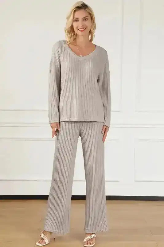 Plus Size Ribbed V-Neck Pullover and Wide Leg Pants Set