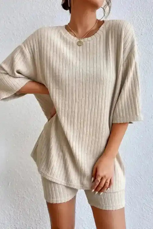 Plus Size Ribbed V-Neck Pullover and Wide Leg Pants Set