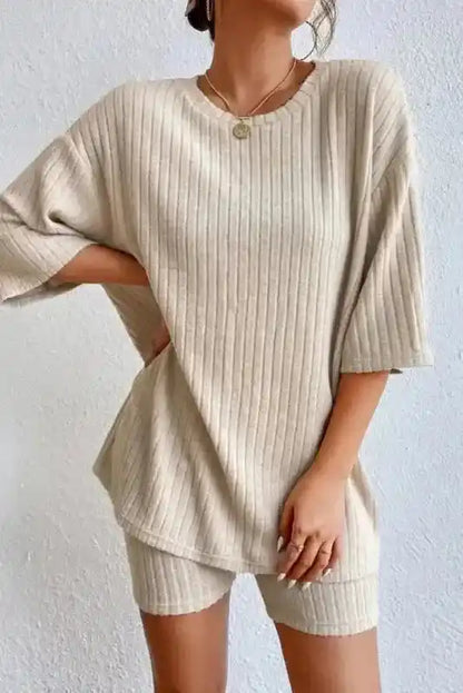 Plus Size Ribbed V-Neck Pullover Pants Set