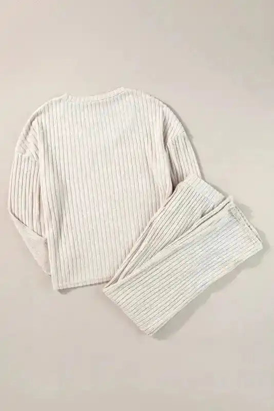 Plus Size Ribbed V-Neck Pullover and Wide Leg Pants Set
