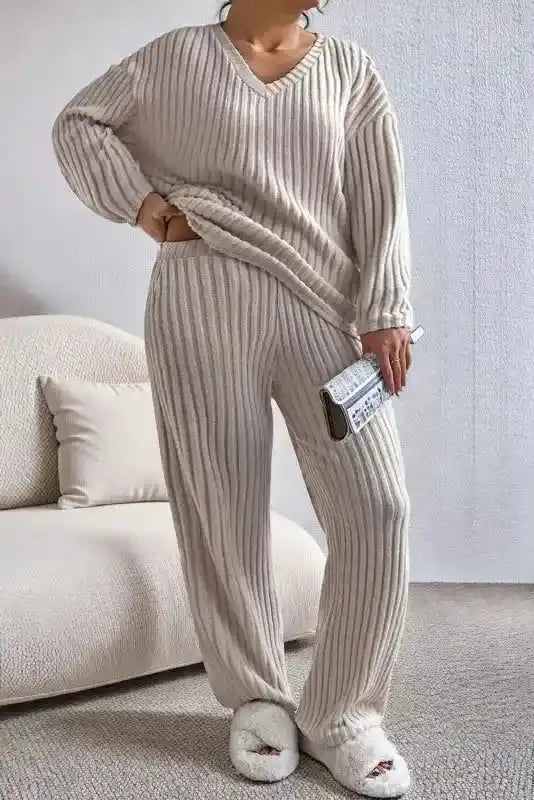 Plus Size Ribbed V-Neck Pullover and Wide Leg Pants Set