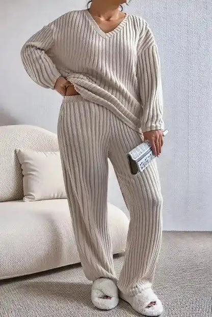 Plus Size Ribbed V-Neck Pullover Pants Set
