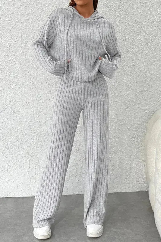 Plus Size Ribbed V-Neck Pullover and Wide Leg Pants Set