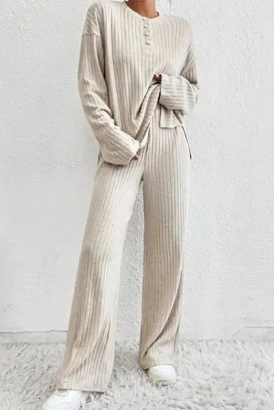 Plus Size Ribbed V-Neck Pullover and Wide Leg Pants Set