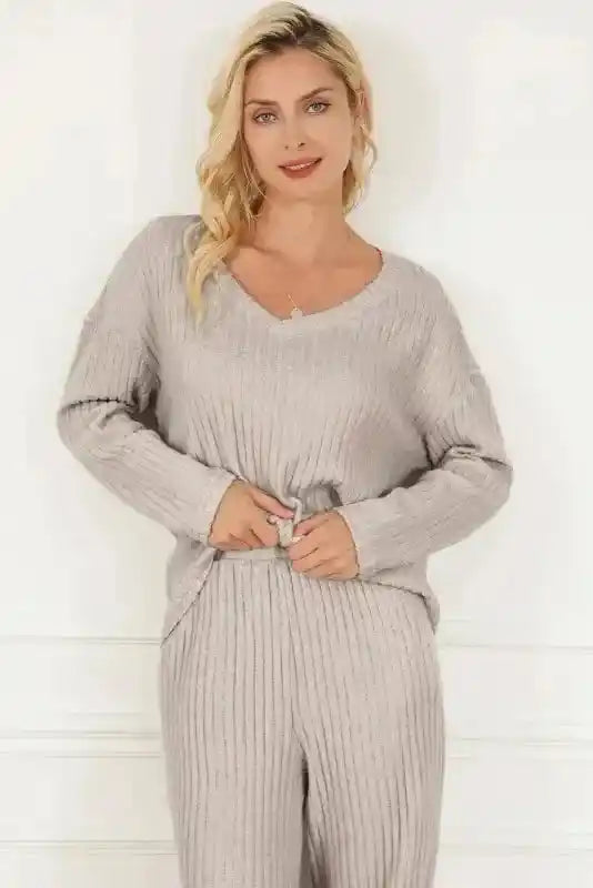 Plus Size Ribbed V-Neck Pullover and Wide Leg Pants Set