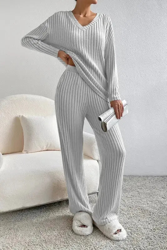 Plus Size Ribbed V-Neck Pullover and Wide Leg Pants Set