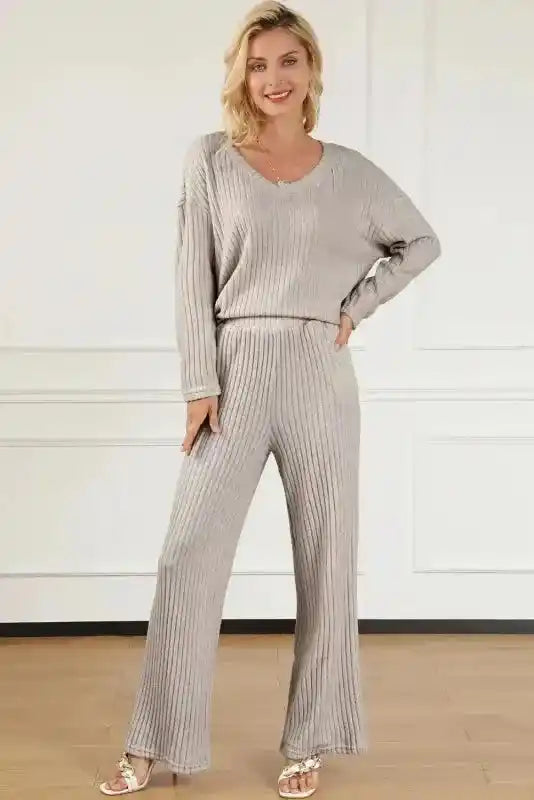 Plus Size Ribbed V-Neck Pullover and Wide Leg Pants Set