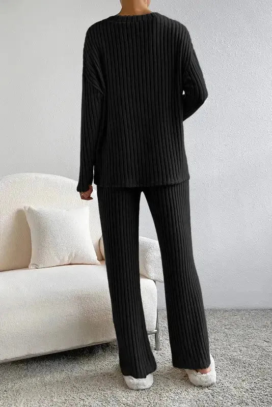 Plus Size Ribbed V-Neck Pullover and Wide Leg Pants Set