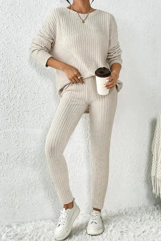 Plus Size Ribbed V-Neck Pullover and Wide Leg Pants Set