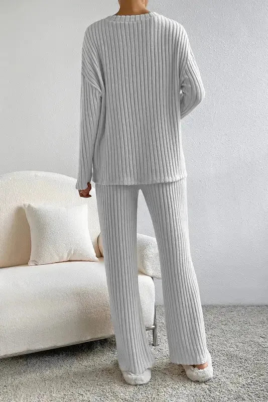 Plus Size Ribbed V-Neck Pullover and Wide Leg Pants Set