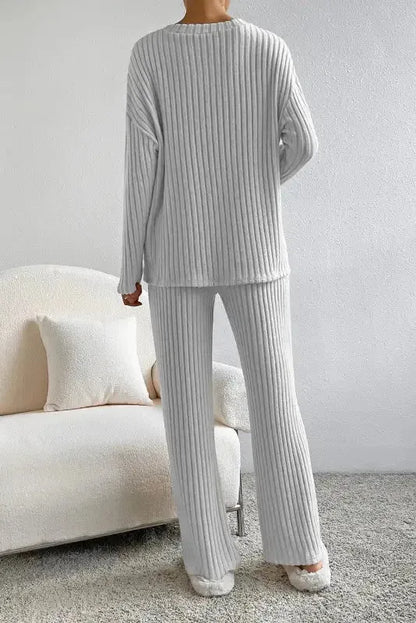 Plus Size Ribbed V-Neck Pullover Pants Set