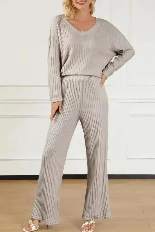 Plus Size Ribbed V-Neck Pullover and Wide Leg Pants Set