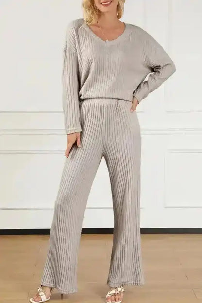 Plus Size Ribbed V-Neck Pullover Pants Set