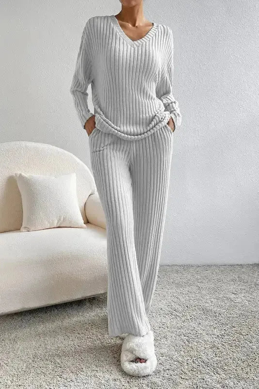 Plus Size Ribbed V-Neck Pullover and Wide Leg Pants Set