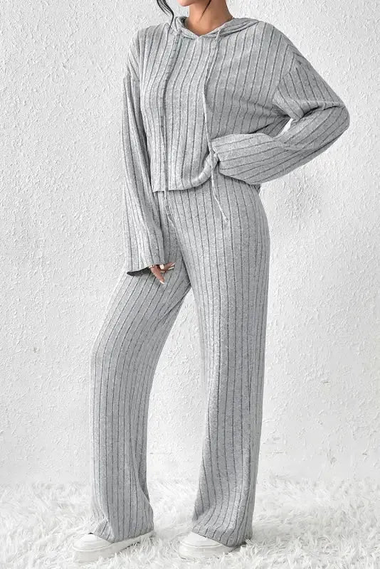 Plus Size Ribbed V-Neck Pullover and Wide Leg Pants Set