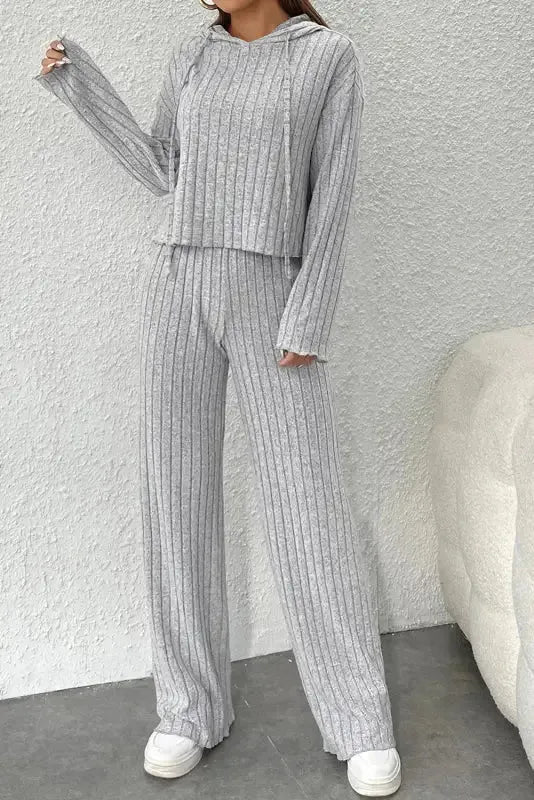 Plus Size Ribbed V-Neck Pullover and Wide Leg Pants Set