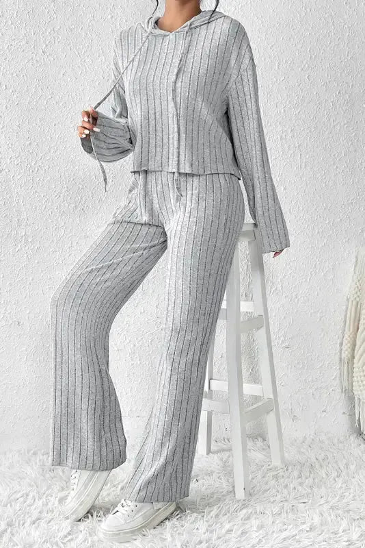Plus Size Ribbed V-Neck Pullover and Wide Leg Pants Set
