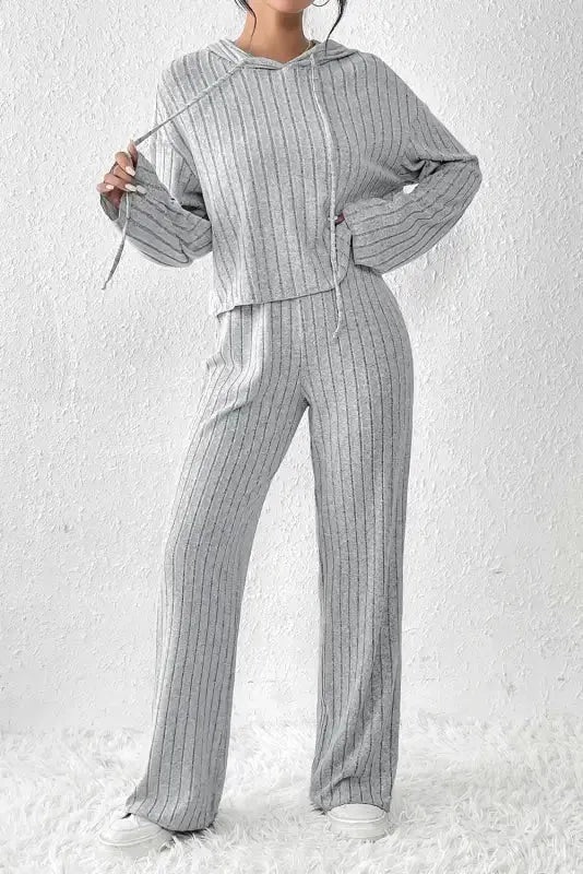 Plus Size Ribbed V-Neck Pullover and Wide Leg Pants Set