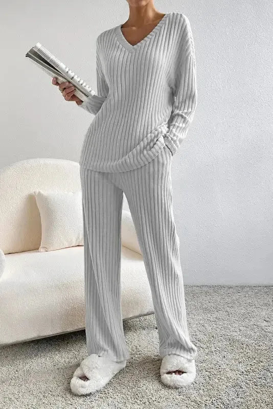 Plus Size Ribbed V-Neck Pullover and Wide Leg Pants Set