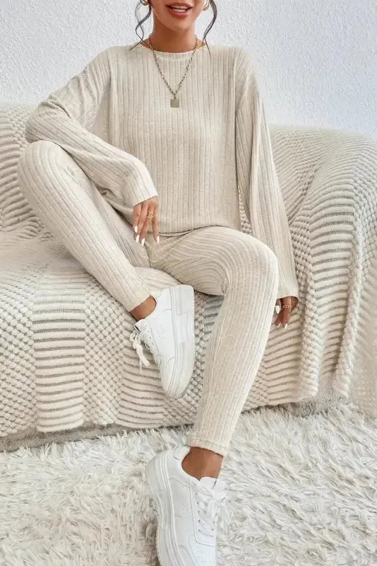 Plus Size Ribbed V-Neck Pullover and Wide Leg Pants Set