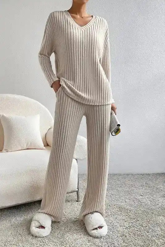 Plus Size Ribbed V-Neck Pullover and Wide Leg Pants Set