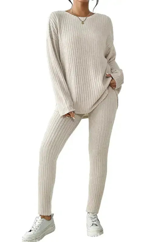 Plus Size Ribbed V-Neck Pullover and Wide Leg Pants Set