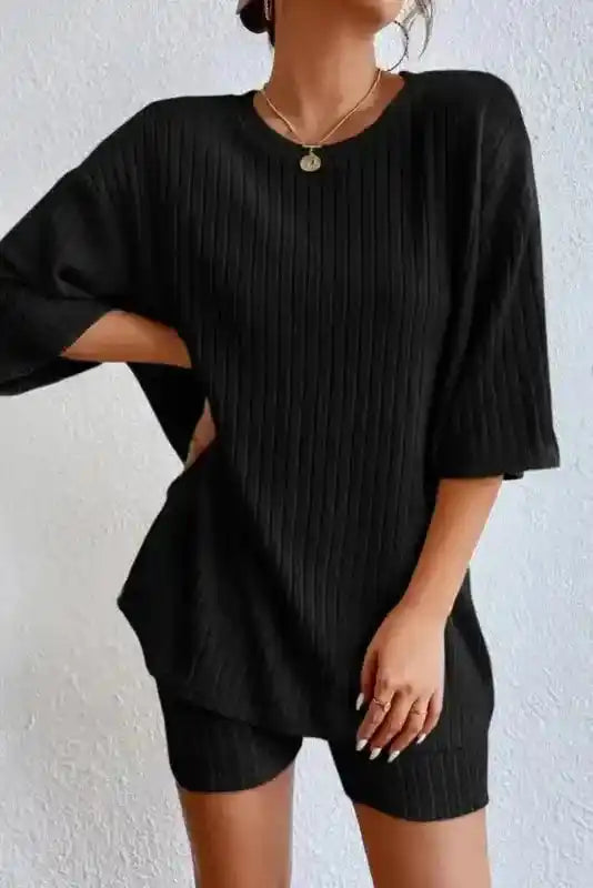Plus Size Ribbed V-Neck Pullover and Wide Leg Pants Set