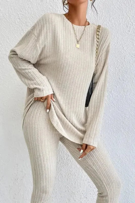 Plus Size Ribbed V-Neck Pullover and Wide Leg Pants Set