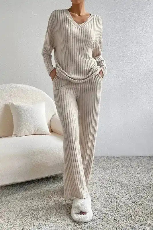 Plus Size Ribbed V-Neck Pullover and Wide Leg Pants Set