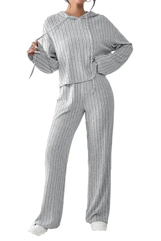Plus Size Ribbed V-Neck Pullover and Wide Leg Pants Set