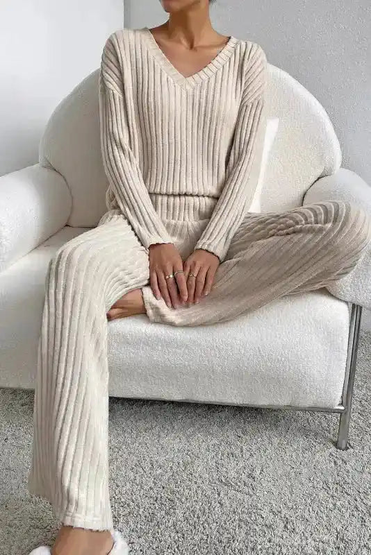 Plus Size Ribbed V-Neck Pullover and Wide Leg Pants Set