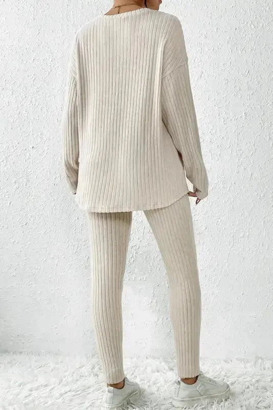 Plus Size Ribbed V-Neck Pullover and Wide Leg Pants Set