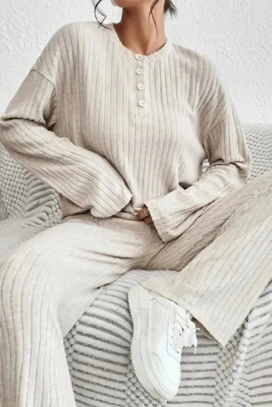Plus Size Ribbed V-Neck Pullover and Wide Leg Pants Set