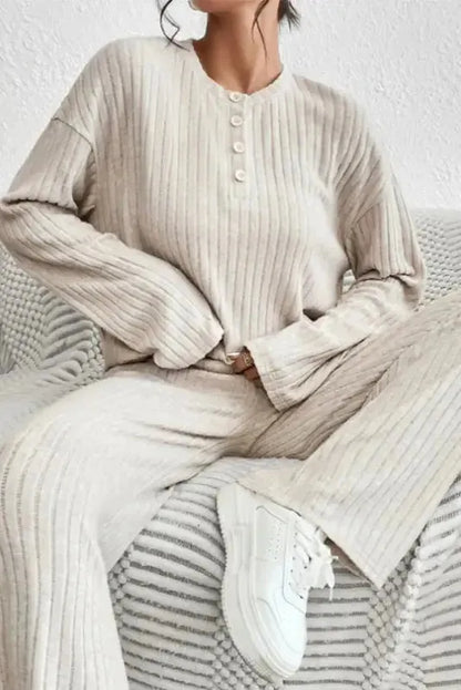 Plus Size Ribbed V-Neck Pullover Pants Set