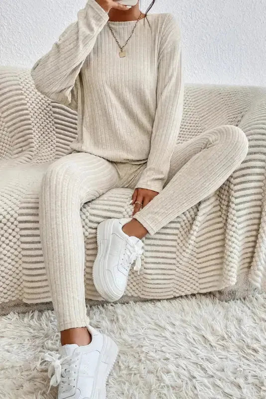 Plus Size Ribbed V-Neck Pullover and Wide Leg Pants Set