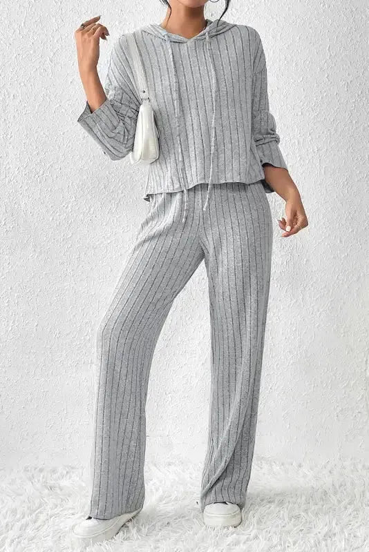 Plus Size Ribbed V-Neck Pullover and Wide Leg Pants Set