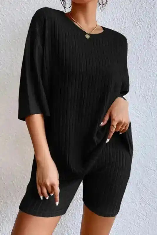 Plus Size Ribbed V-Neck Pullover and Wide Leg Pants Set