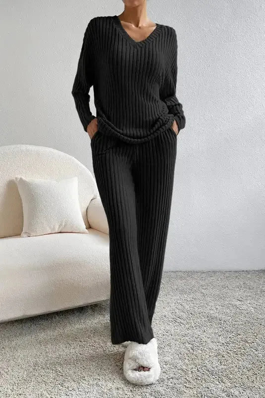 Plus Size Ribbed V-Neck Pullover and Wide Leg Pants Set