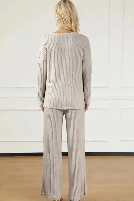 Plus Size Ribbed V-Neck Pullover and Wide Leg Pants Set