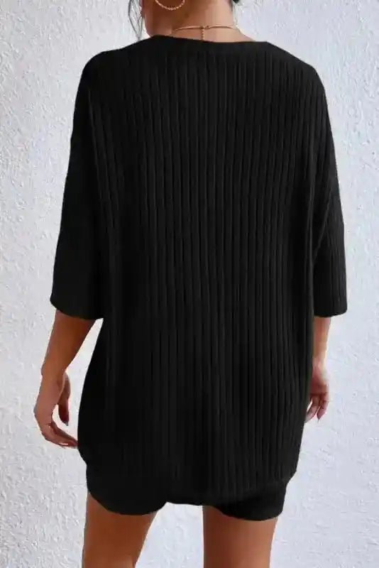 Plus Size Ribbed V-Neck Pullover and Wide Leg Pants Set