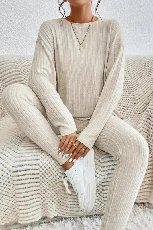 Plus Size Ribbed V-Neck Pullover and Wide Leg Pants Set