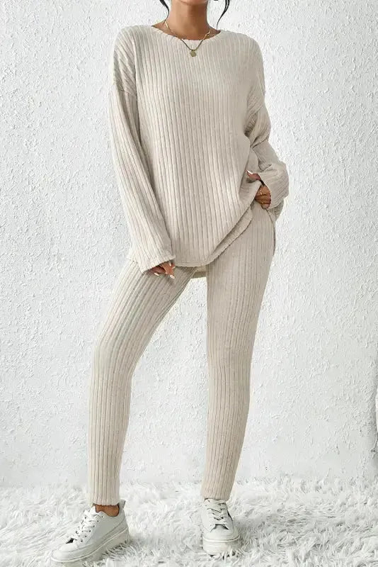 Plus Size Ribbed V-Neck Pullover and Wide Leg Pants Set